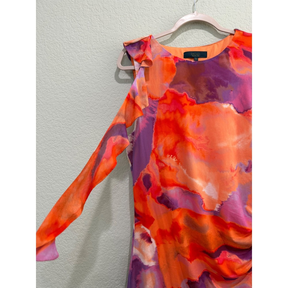 Rachel Roy Ruffle Mini Dress Multicolor XL Watercolor Mesh Ruched Asymmetrical - Picture 4 of 8
